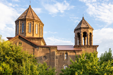 cupola of Surb Nshan church, oldest church in Gyumri city, Armenia in summer sunsetの写真素材