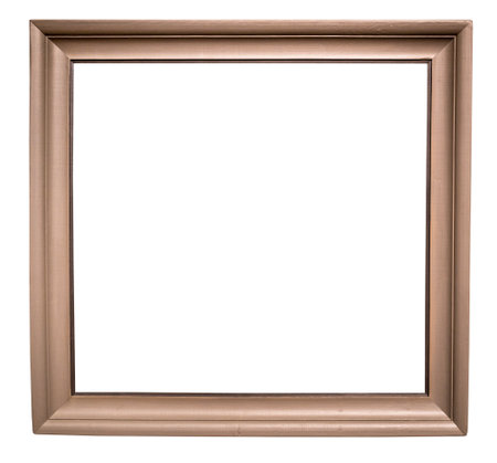 wide brown wooden painting frame isolated on white background with cutout canvasの写真素材