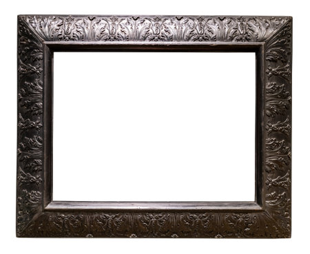 black wide carved wooden painting frame isolated on white background with cutout canvasの写真素材