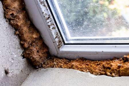 old dried construction foam between concrete window slope and plastic window frame close up