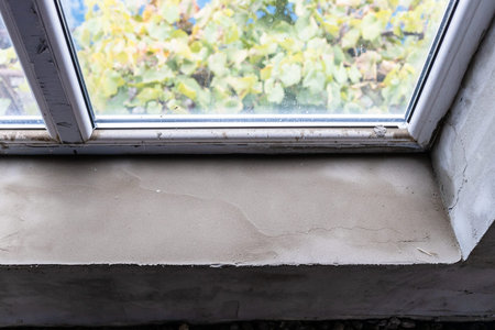 plastered window sill and window slopes in country house