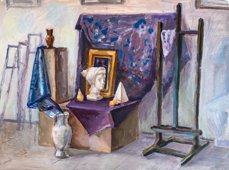 interior of art studio with easels and prepared for painting still life on podium hand painted with color tempera paints on paperの写真素材