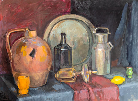Still life with jug, water can, glass bottle and round metal tray hand painted with color tempera paints on paperの写真素材