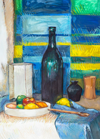 Still life with green glass bottle and plate of vegetables hand painted with color tempera paints on paperの写真素材
