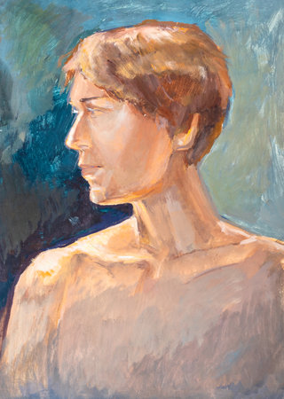 portrait of young white guy hand painted with color tempera paints on paperの写真素材