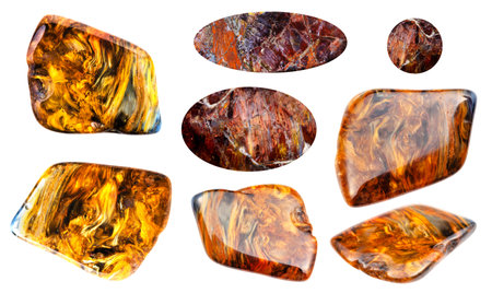 set of various samples of raw pietersite minerals isolated on white backgroundの写真素材