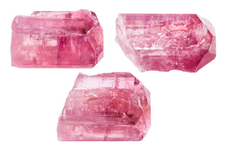 set of various samples of raw rubellite tourmaline minerals isolated on white backgroundの写真素材