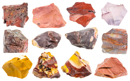 set of various samples of raw mookaite minerals isolated on white backgroundの写真素材