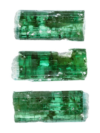 set of various samples of raw verdelite tourmaline minerals isolated on white backgroundの写真素材