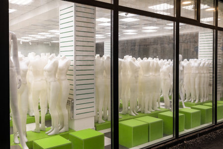 window display of closing clothing store with full body dress mannequinsの写真素材