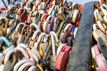 many closed locks on wedding lock tree on embankment in Kostroma city