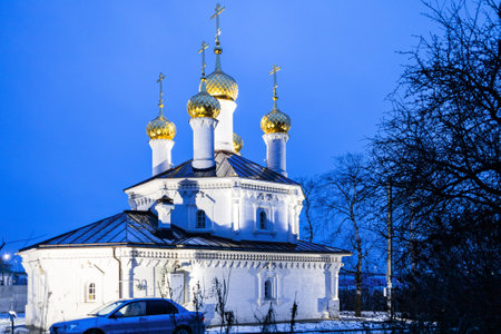 Church of St Nicholas the Miracle Worker of Myra in Lycia in Kostroma city on site of Church of the Nativity of Christ on Debra in winter eveningの写真素材