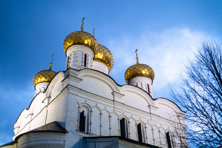 Trinity Cathedral of Ipatiev Monastery in Kostroma city in winter duskの写真素材