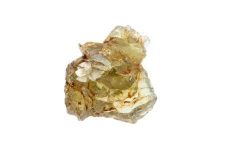 close up of sample of natural stone from geological collection - rough sinhalite crystal mineral isolated on white backgroundの写真素材