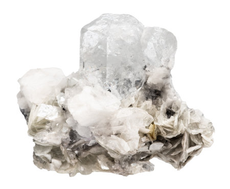 close up of sample of natural stone from geological collection - raw goshenite (colorless beryl) crystals on mica and feldspar mineral isolated on white backgroundの写真素材
