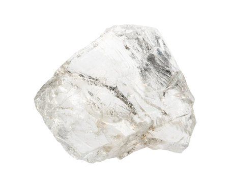 close up of sample of natural stone from geological collection - unpolished goshenite (colorless beryl) mineral isolated on white backgroundの写真素材