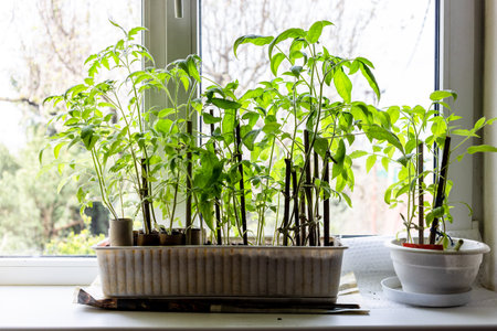 tomato sprouts grown in box on windowsill at home before planting in garden in morningの写真素材