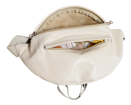 handcrafted open gray leather waist bag isolated on white backgroundの写真素材