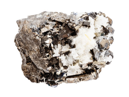 close up of sample of natural stone from geological collection - raw arsenopyrite mineral isolated on white backgroundの写真素材