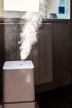 household humidifier emitting water in living room next to heating radiatorの写真素材