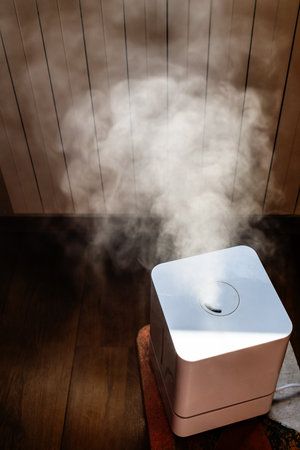 emitting water by household humidifier in living room next to heating radiatorの写真素材