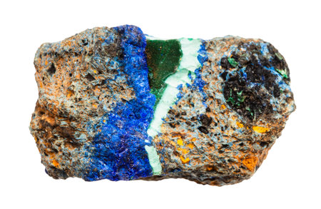 close up of sample of natural stone from geological collection - uncut azurite and malachite mineral isolated on white backgroundの写真素材