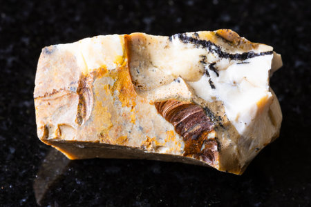 sample of rough common opal rock on black granite background close up from Russiaの写真素材