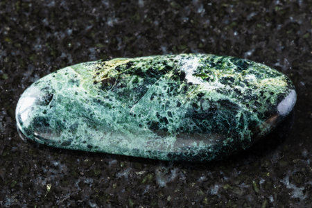 sample of polished serpentinized peridotitic komatiite rock on black granite background close up from Karelia, Russiaの写真素材