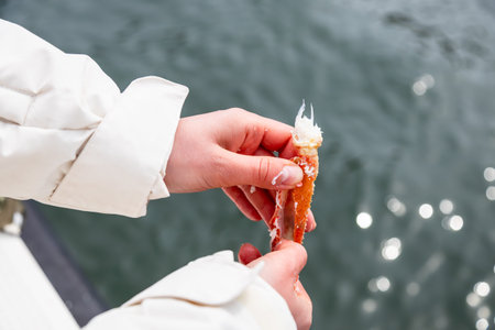 fisher opens leg of freshly caught crab on boat in Avacha bay of Pacific ocean on spring day near...