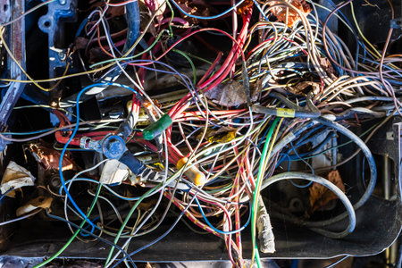 tangled electrical wiring in old abandoned car outdoors on autumn dayの写真素材