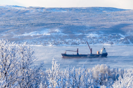 travel to Murmansk Oblast of Russia in winter season - view of ship in Kola Bay of Barents Sea in...