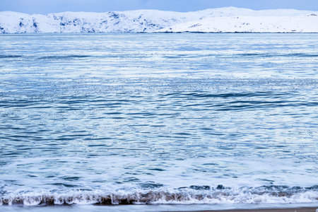 travel to Murmansk Oblast of Russia in winter season - water surface on beach of Barents Sea in Teriberka village on cloudy winter dayの写真素材