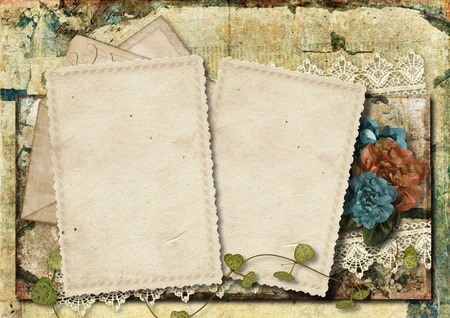 Grungy background with old card and beautiful flowersの写真素材