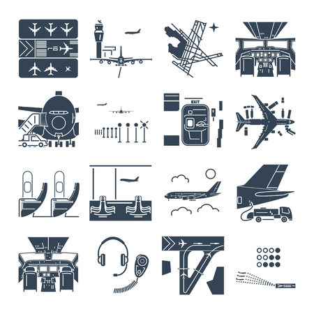 set of black icons airport and airplane, terminal, runway, cockpitのイラスト素材