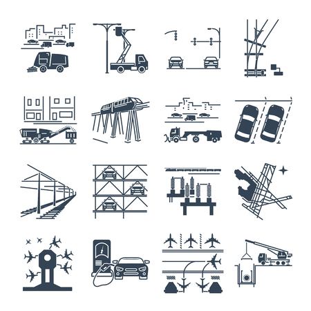 set of black icons transport infrastructure, road, air, trainのイラスト素材