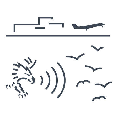 Thin line icon airport aviation safety, bird strike, playing recorded sounds of predators, falconのイラスト素材