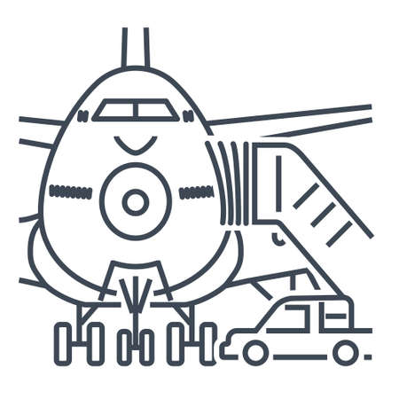 Thin line icon passenger airplane, ladder to the entrance of the aircraft, gangwayのイラスト素材