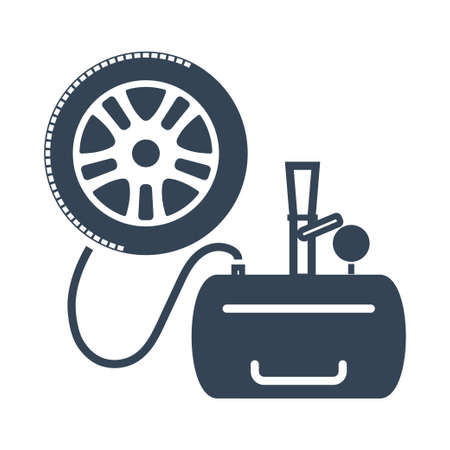 Vector black icon car repair service, maintenance, inflating tire, wheel, air compressor, pressure monitoring, treadのイラスト素材