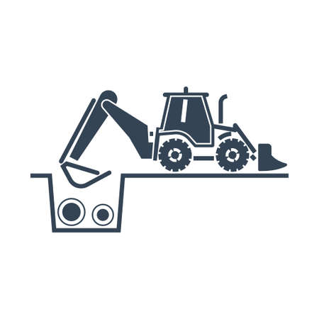 Vector black icon construction, repair and maintenance sewerage, water supply, bulldozer, excavatorのイラスト素材
