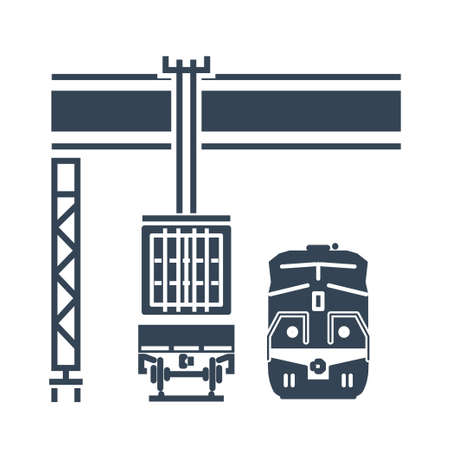 Vector black icon container crane loading on railway, railroad freight car, wagon, locomotiveのイラスト素材
