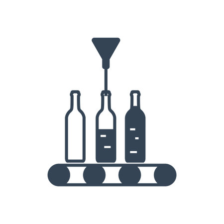 Vector black icon beverages industry, bottling juice, wine conveyor packingorのイラスト素材