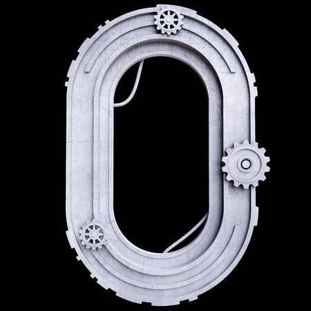 Mechanical number zero of white scratched metal. Isolate on black backgroundの写真素材