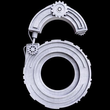 Mechanical number six of white scratched metal. Isolate on black backgroundの写真素材