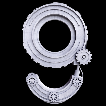 Mechanical number nine of white scratched metal. Isolate on black backgroundの写真素材