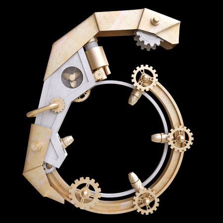 Iron mechanical number six on the black background の写真素材