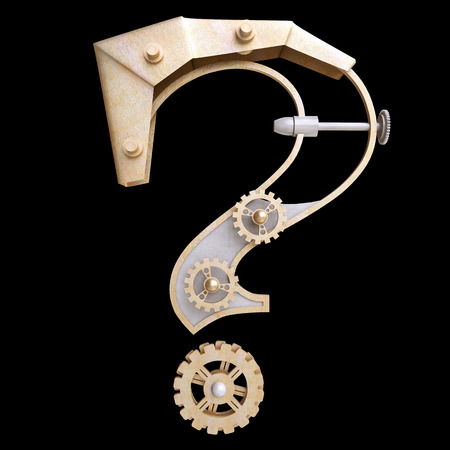 Iron mechanical question mark on the black backgroundの写真素材
