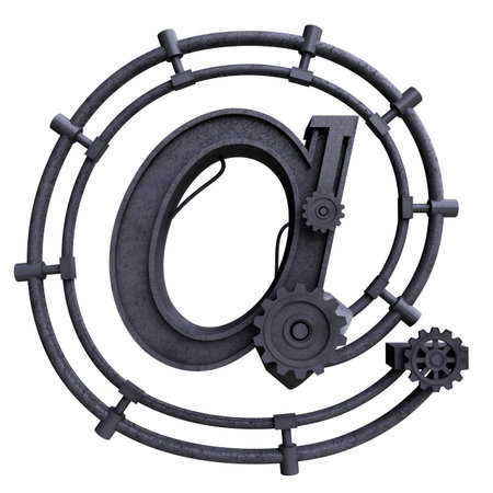 iron mechanical symbol at in black scratched metal on a white backgroundの写真素材