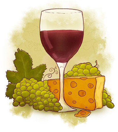 Glass of wine with cheese and grapesの写真素材