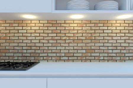 Element of the working area of modern kitchen with white worktop, stove hanging cupboards and shelves. 3d illustration.の写真素材