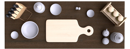 Kitchen table with wooden cutting board and other kitchen bits and pieces. 3D illustration. Top view.の写真素材